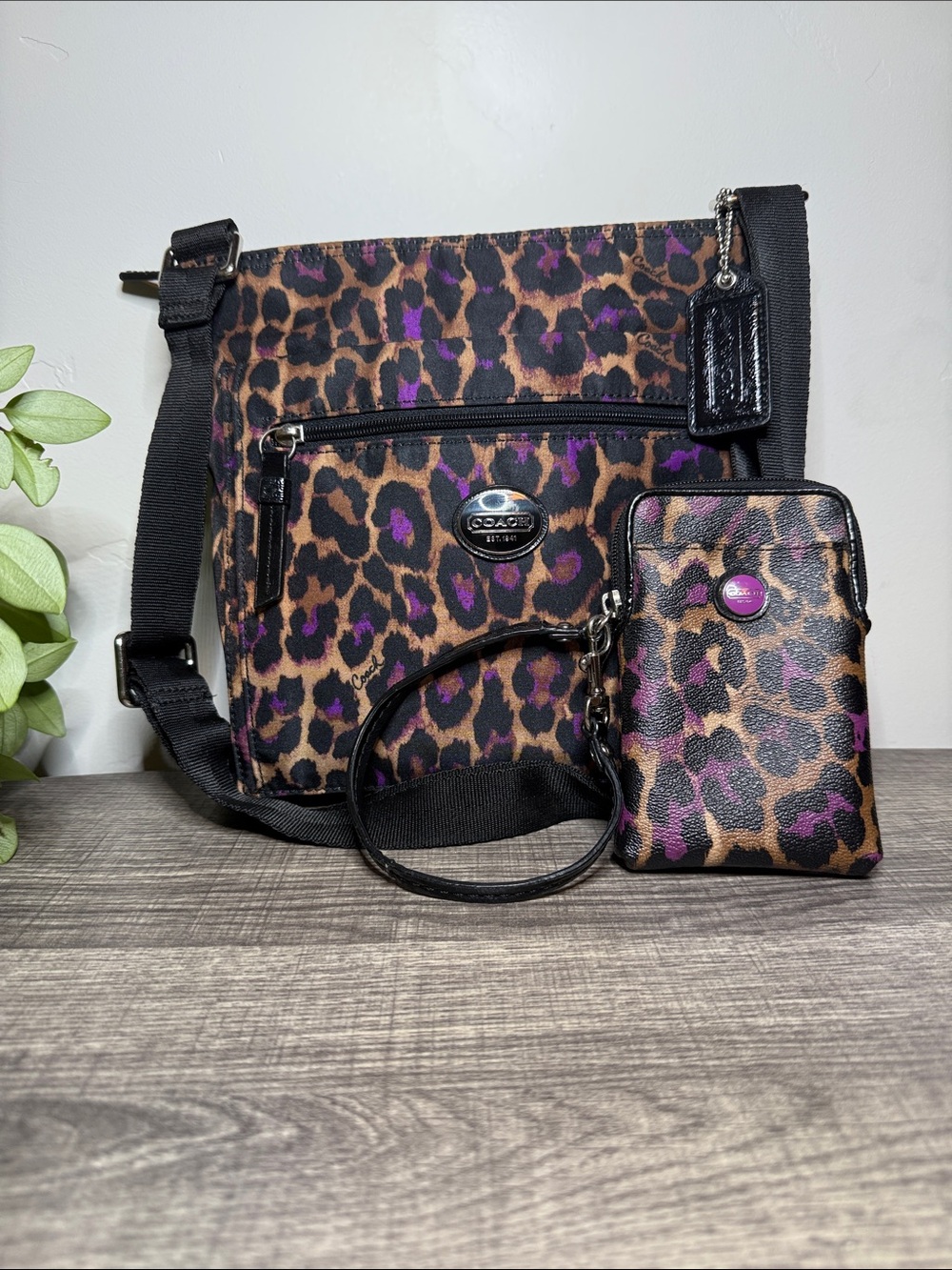 Coach F77419 Ocelot Purple Leopard File Crossbody + Wristlet